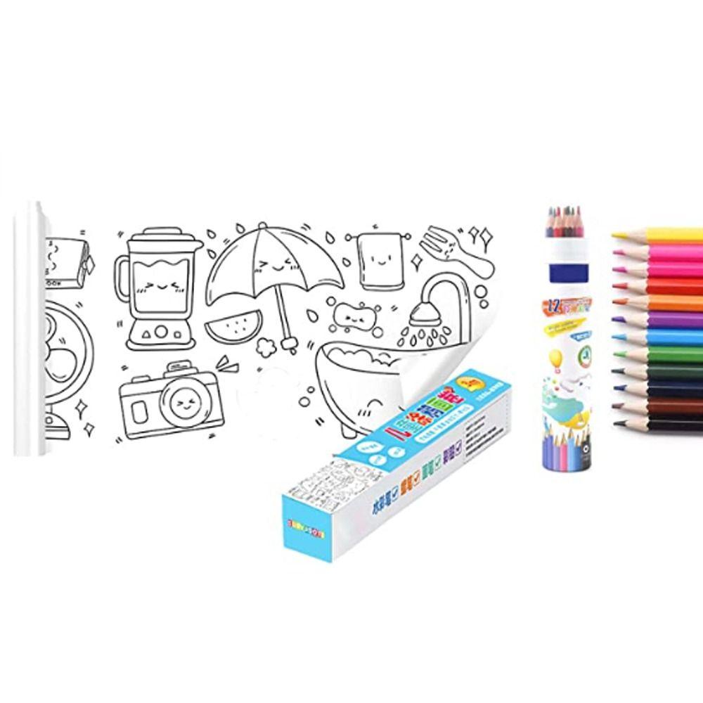 R-flower Children's Drawing Roll Daily Goods Theme Creative Gift DIY Painting Drawing Kertas Isi Warna Dengan 12pcs Pensil Berwarna