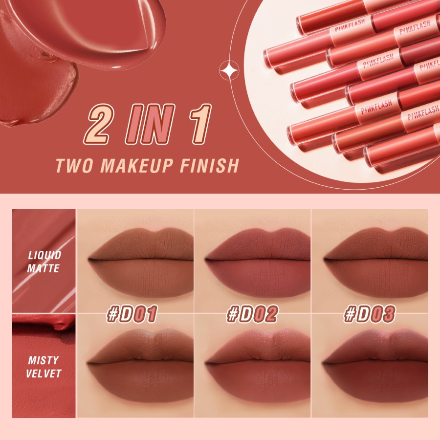 PINKFLASH 2 IN 1 Double Effect Lipstik Ombrelips Liquid Matte Velvet Lipstick Lightweight High Pigment Lasting Lipstik - M01