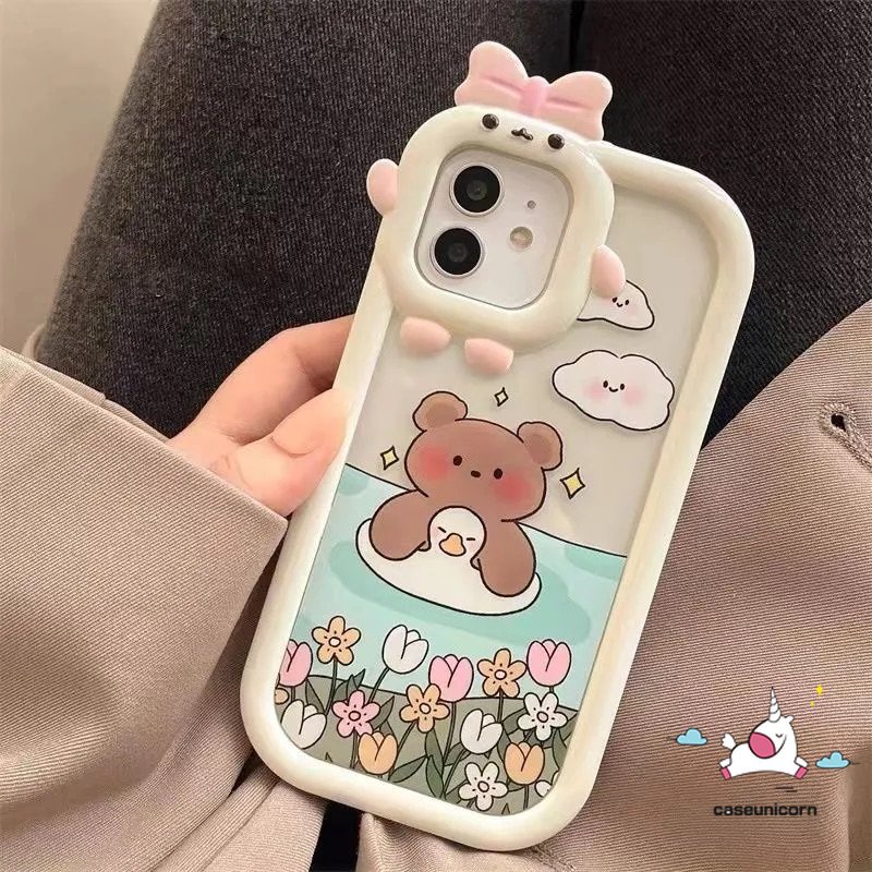 Case Realme8 8 8pro 9 9pro+7 8i C33 C15 C30 C25 C21Y C25Y C11 C25s C35 C31 C21 C2 C1 C3 C17 Realme 5 6i 9i 5s 5 7i Kartun 3D Bow Little Monster Lens Beruang Renang Lucu Lembut Sarung Cover Sarung