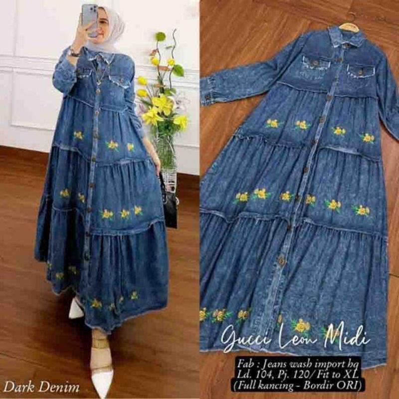Midi Dress Jeans/gucci Midi/Baju Bawah Lutut/Per Delapan/Dress Korea/Baju Wanita Hits/Mahmud Kece/Bu