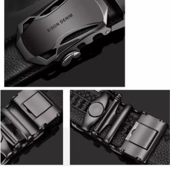 Ikat Pinggang Pria Kulit Asli Bison Denim Original Bisnis Auto Buckle - 110Cm Hitam, box bison denim