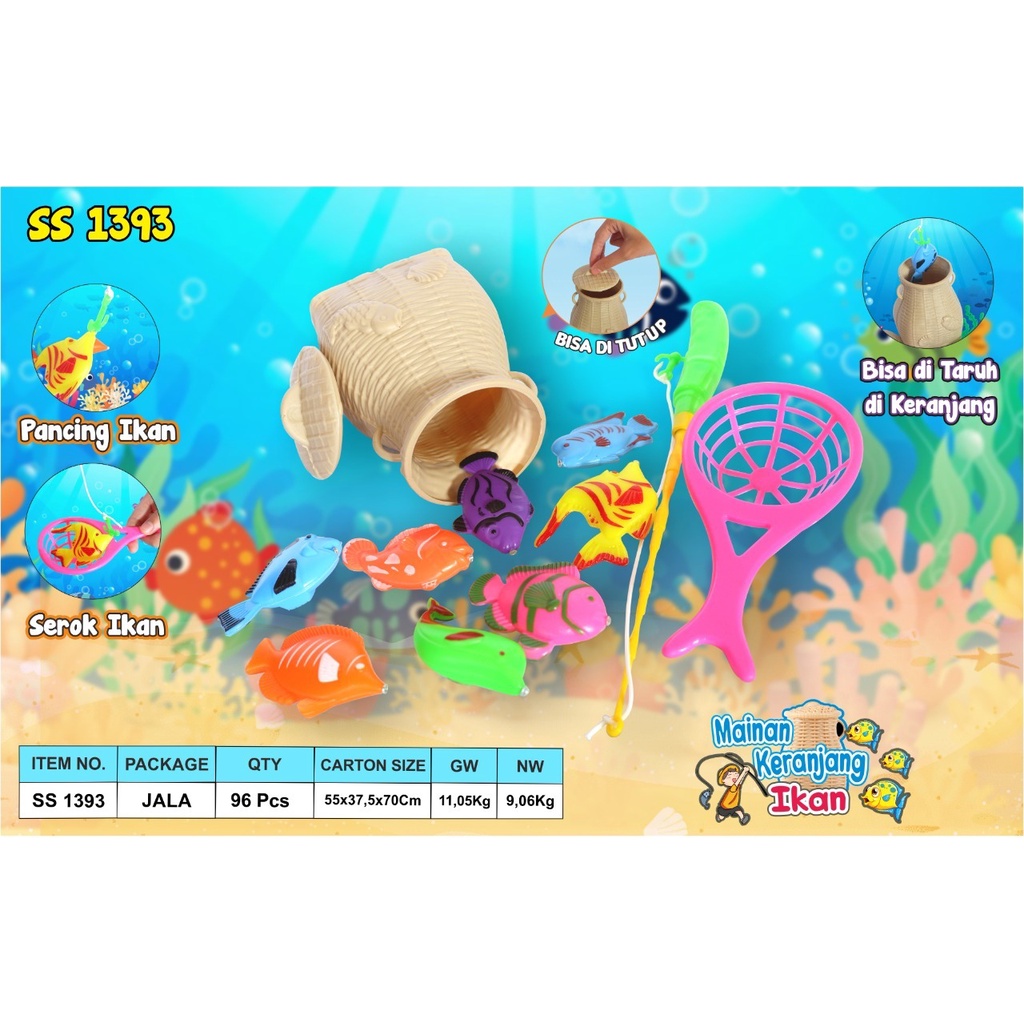 SS 1393 Mainan anak edukasi pancing ikan magnet plus keranjang jadul serok dan ikan / maiman kerjang ikan / ayo tangkap ikan