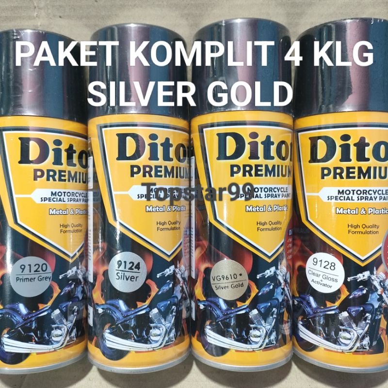 Pilok Cat Diton Premium Paket Komplit 4 Kaleng Silver Gold Emas Perak 9610 Primer Grey 9120 Silver 9124 Clear Gloss 9128 400cc Pilox Paketan Cat Semprot Special Spray Paint