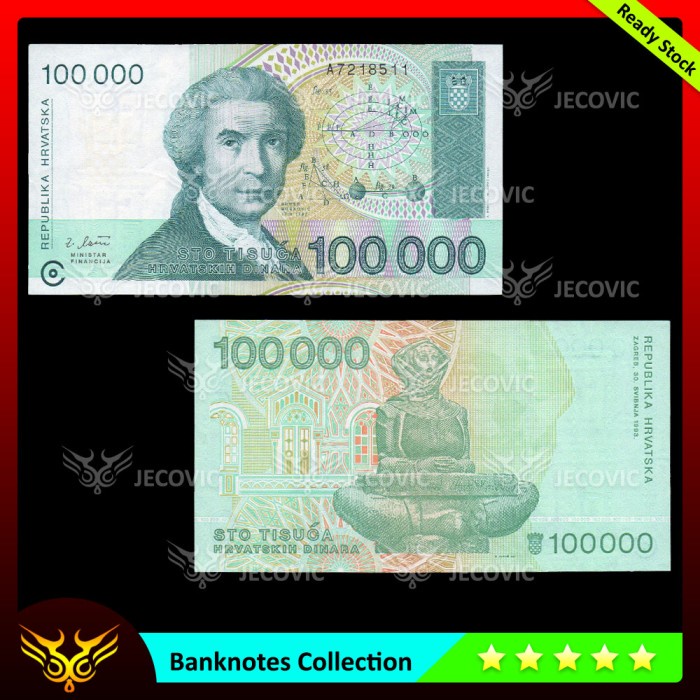 HRVATSKA / CROATIA 100000 Dinara 1993 , UNC , Uang Asing