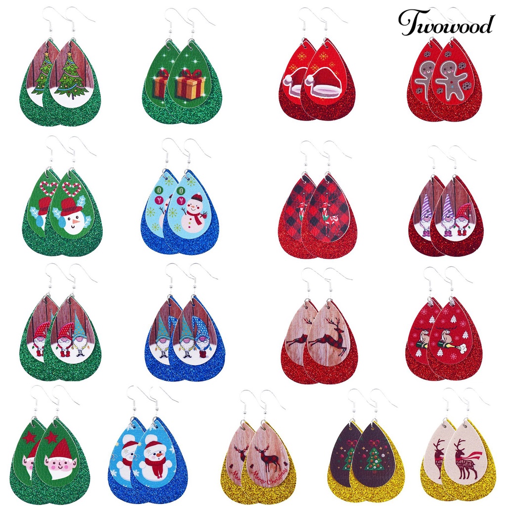 Anting Kait Desain Santa Claus Snowman Elk Bahan Kulit Imitasi Untuk Wanita