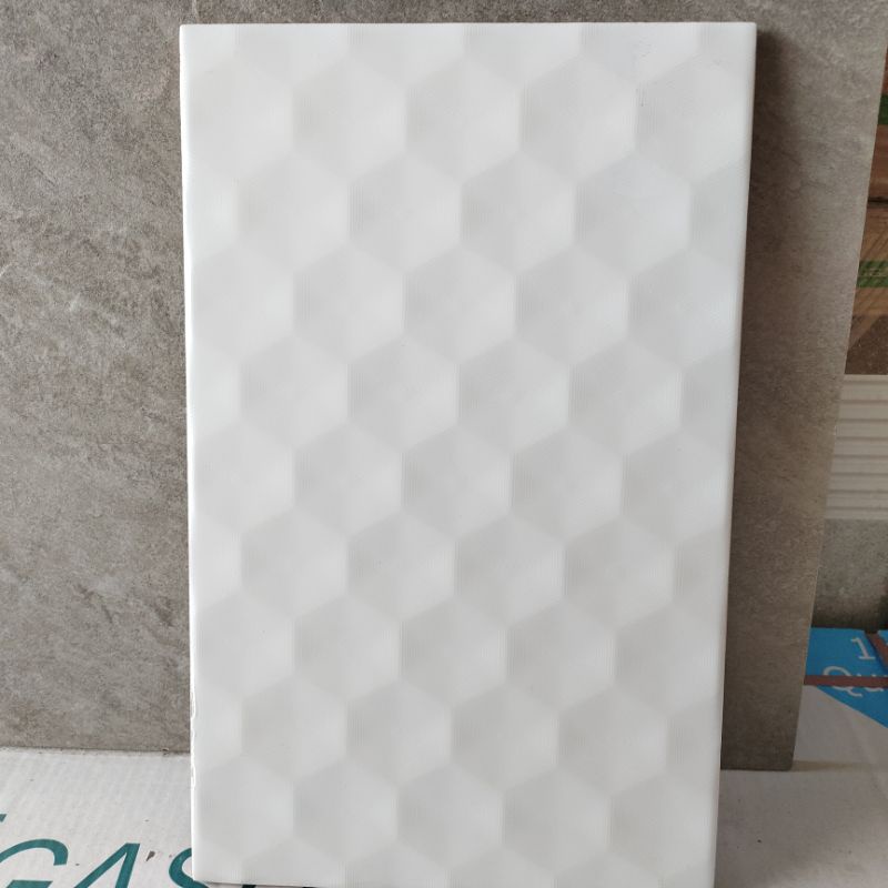 KERAMIK 25X40 MOTIF HEXAGON PUTIH GLOSSY TIMBUL