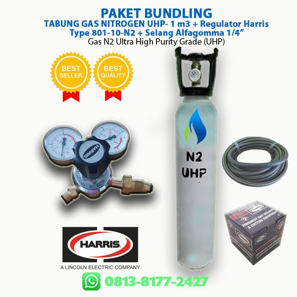 Reg Paket Bundling Gas Nitrogen Uhp 1 M3 + Regulator Harris + Selang