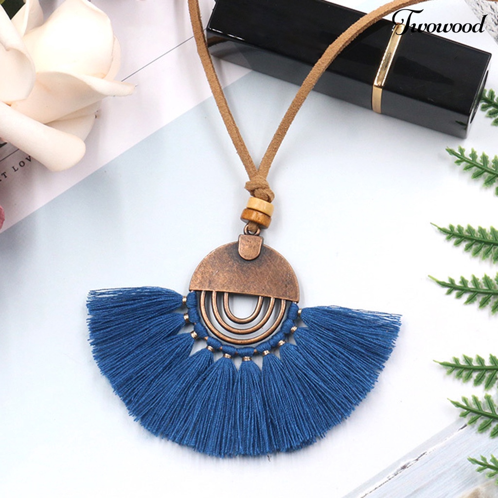 Kalung Rumbai Bentuk Kipas Bahan Katun Alloy Gaya Bohemian Etnik Untuk Wanita