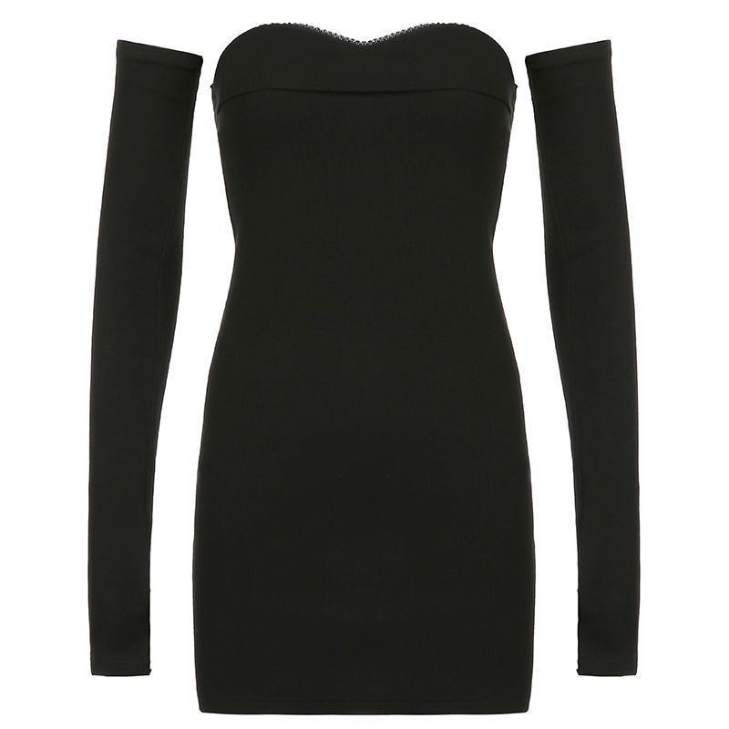Rapcopter Seksi Satu Bahu Tube Top Dress Wanita Lengan Panjang Jahitan Slim Fit Slim Tas Hip kecil Rok Hitam