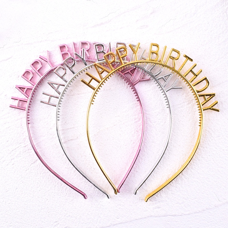 Bando Happy Birthday Jepit Rambut Bentuk Mahkota Tulisan Warna Rose Gold Silver Untuk Dekorasi Pesta Ulang Tahun ikat kepala