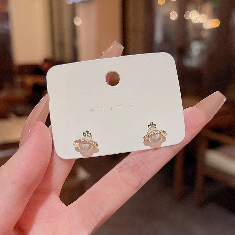 Anting Stud Desain Planet Aksen Mutiara Bahan 925 Silver Needle Zirkon