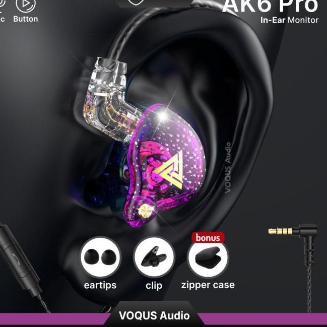 Earphone QKZ AK6 Pro Mic Bass In Ear Monitor Headset Detachable IEM - Ungu-Biru