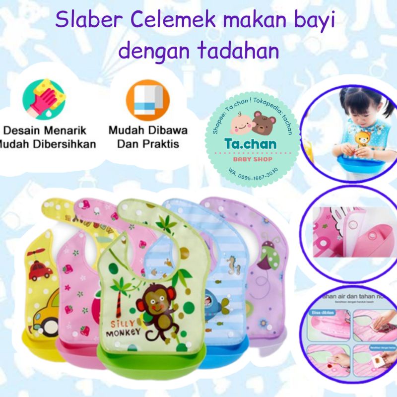 Celemek Bayi dengan tadahan anti air water proof /  slabber bayi silicon/ celemek bayi waterproof