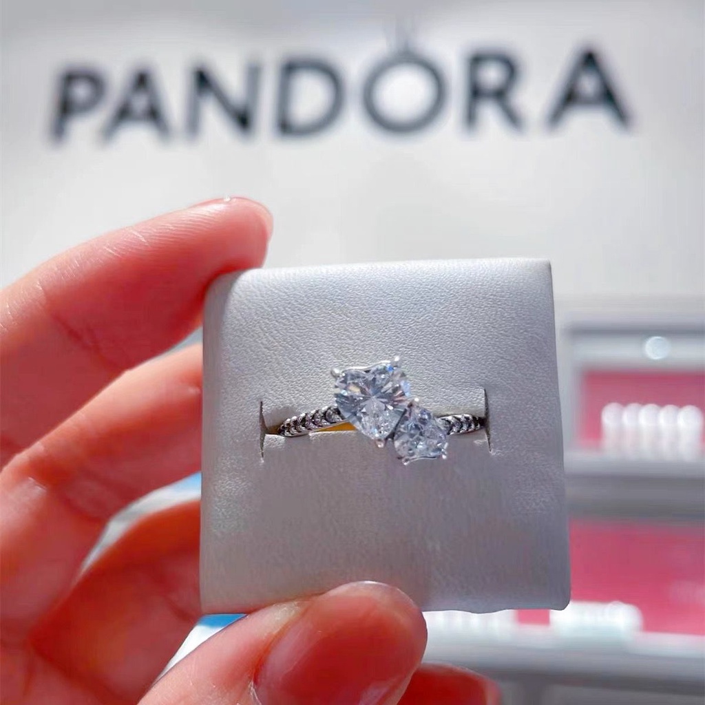 Pandora Cincin Sterling Silver 925 Desain Hati Ganda Hias Cubic Zirconia Untuk Wanita