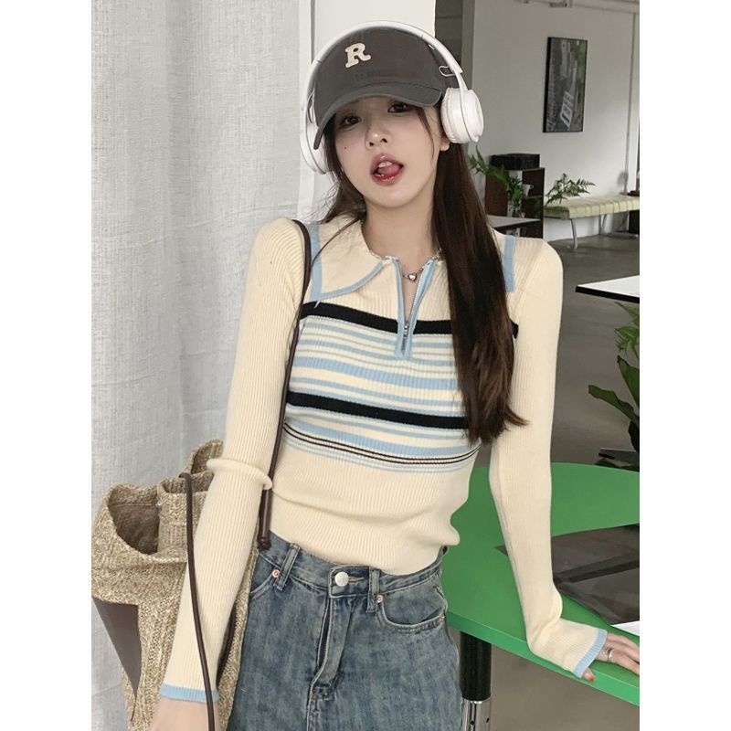 Red Korea Bergaris Polo Kerah Rajutan Sweater Wanita Musim Gugur Tipis Lengan Panjang Kemeja Bottoming Gaya Asing Pendek Niche Top Pakaian Dalam
