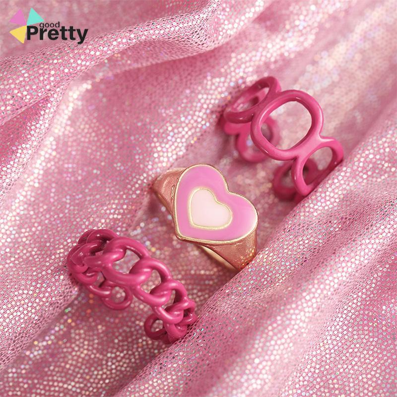 3PCS Heart Geometry Rings Cincin Geometri Jantung Cincin Mode Menetes Minyak yang Dapat Disesuaikan untuk Aksesoris Perhiasan Wanita - PD - PD