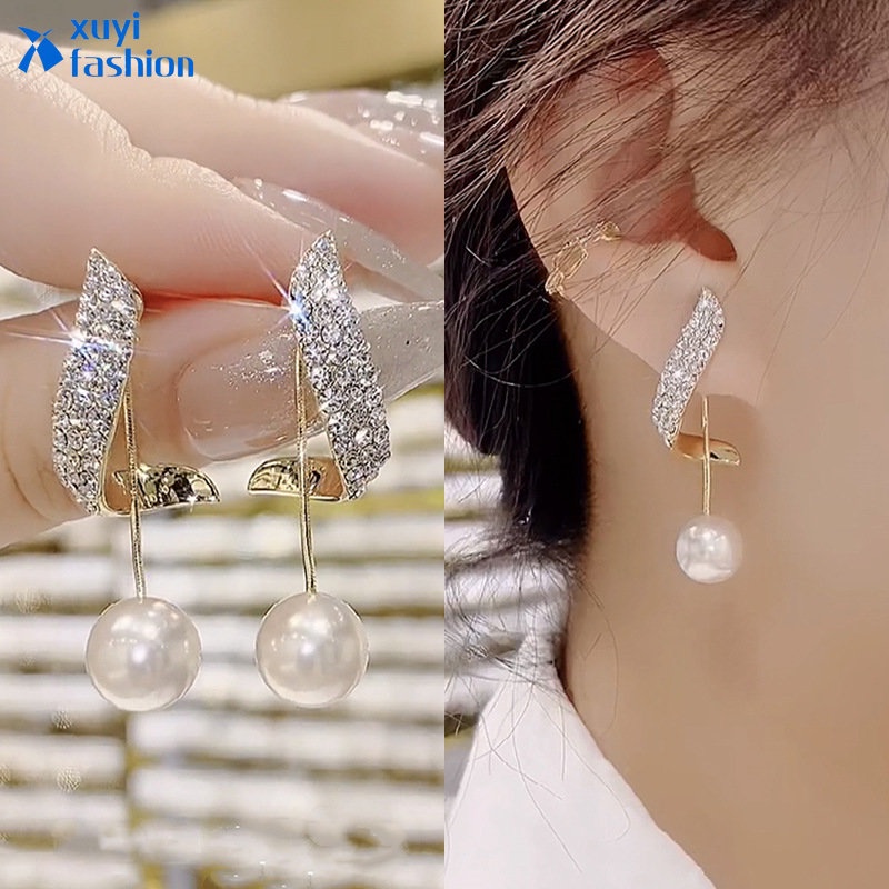 Anting Tusuk Gantung Warna Gold Hias Kristal / Mutiara Untuk Wanita