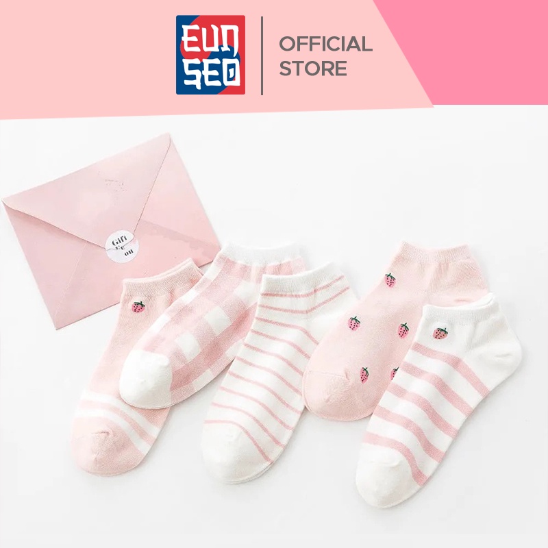 EUNSEO Kaos Kaki Ankle Cute Fashion Korea Motif Strawberry Garis Pink Kaos Kaki Pendek Import