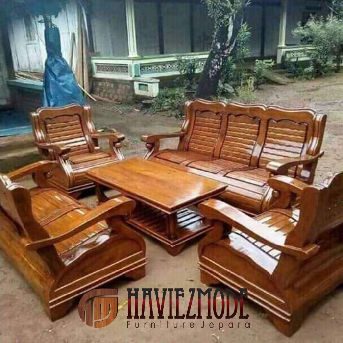 kursi tamu formasi 3211 dan meja motif gajah kayu jati