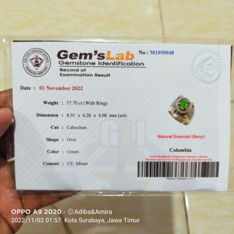 Zamrud Colombia Memo GLI Lab Ring Perak Handmade Mewah
