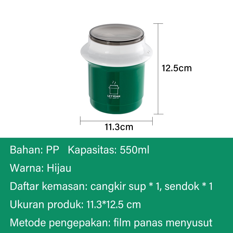 Letyeah &amp; Anantagt 550ml Cangkir Sup Portabel Tempat Sup Anti Tumpah Hijau Soup cup BPA Free Mangkuk Sup Dengan Sendok