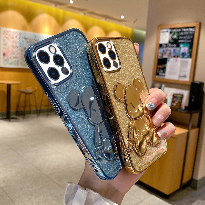 Luxury 6D electroplated TPU protective case is suitable for iphone 11 12 13 pro max XR X XS max TPU flash drill violent bear anti-fall soft shell