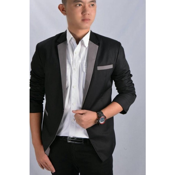 BLAZER PRIA MATRIX STYLE GREY - Jas Cowok Hitam List Abu Casual - Hitam, S