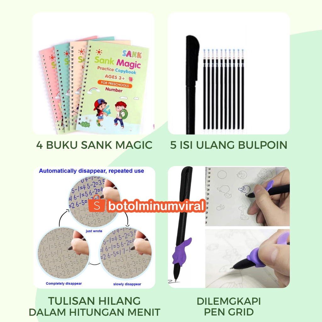 4 Buku Belajar Menulis Huruf Angka Membaca Menggambar Anak TK Paud Sank Magic Reusable Free Pen Dan Refill