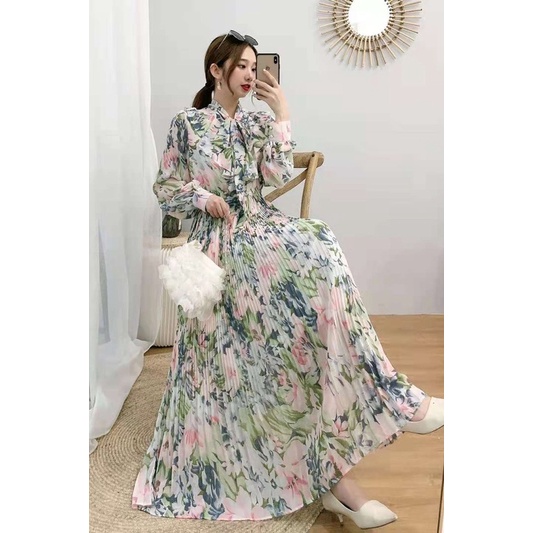 [RARA]Maxi dress motif bunga panjang wanita plisket pita leher gamis muslim