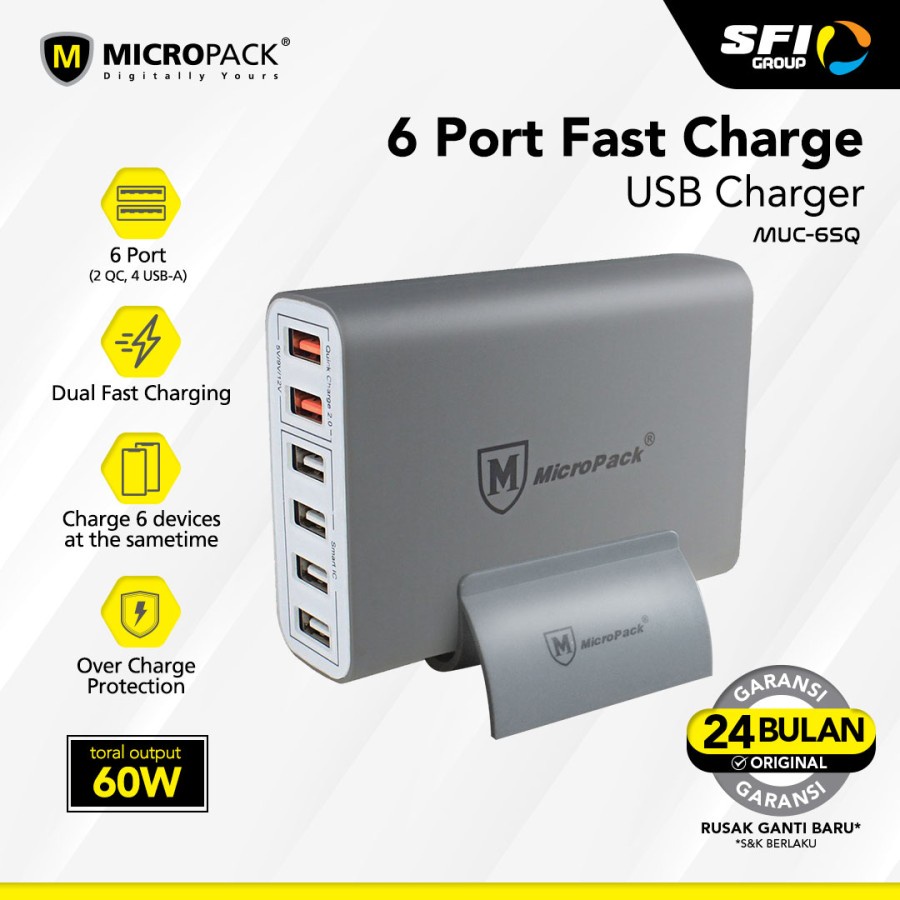 100% ORIGINAL MICROPACK USB CHARGER STATION PREMIUM QUICK CHARGE 6 PORTS SMART IC 60WATT -  (MUS-6SQ