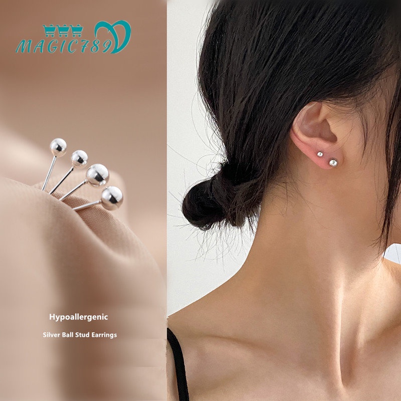 Magic789 Anting Tusuk Silver S925 Hypoallergenic Desain Bola Kecil Gaya Korea Untuk Wanita