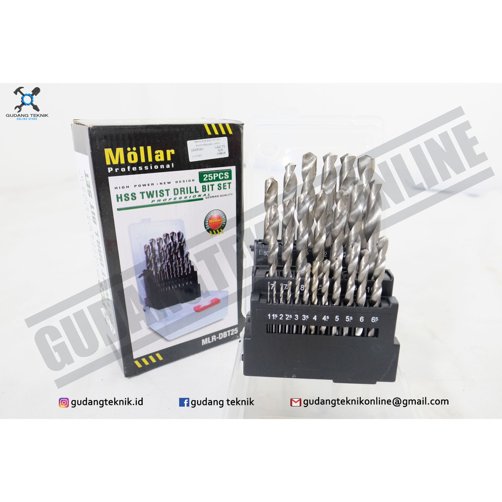 Mata Bor Besi HSS 1 SET isi 25Pcs Ukuran 1-13mm MLR-DBT25 MOLLAR / HSS Twist Drill Bit 1-13mm SET 25 Pcs MLR DBT25 MOLLAR