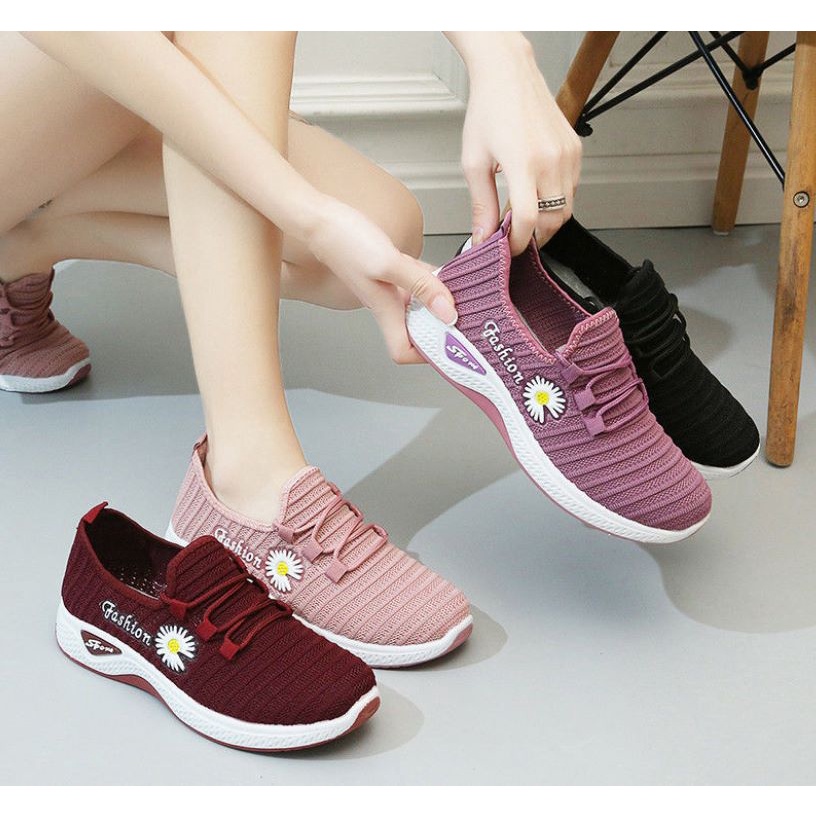 Sepatu Wanita Korea Nylon Sneakers Casual Flower Import SP62