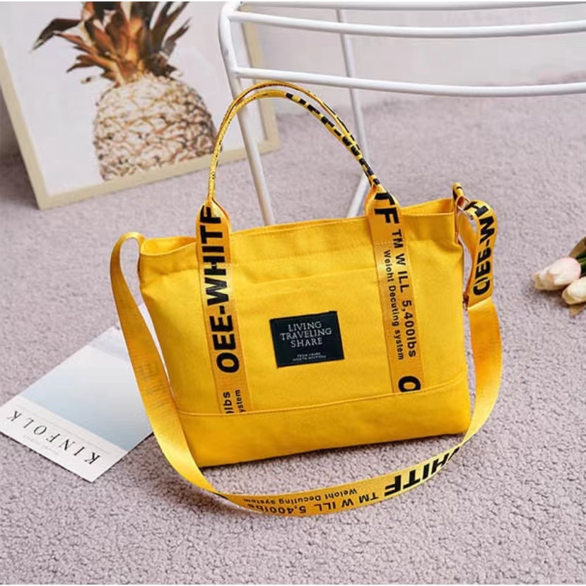 TOTE BAG SIMPEL KOREA UNISEX PRIA DAN WANITA WHITE OFF113 YELLOW