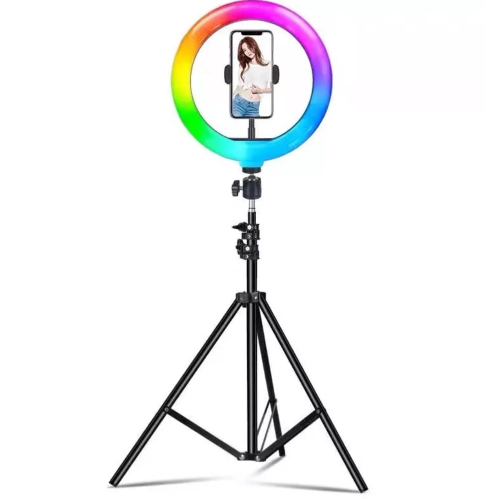 (PAKET KOMPLIT) Ringlight Fill LED 26cm Rainbow RGB+Tripod 2.1 Meter+Phone Holder 1 Set Selfie Ring Lightning Photography TIik tok Livestreaming / Vlogger / Youtube