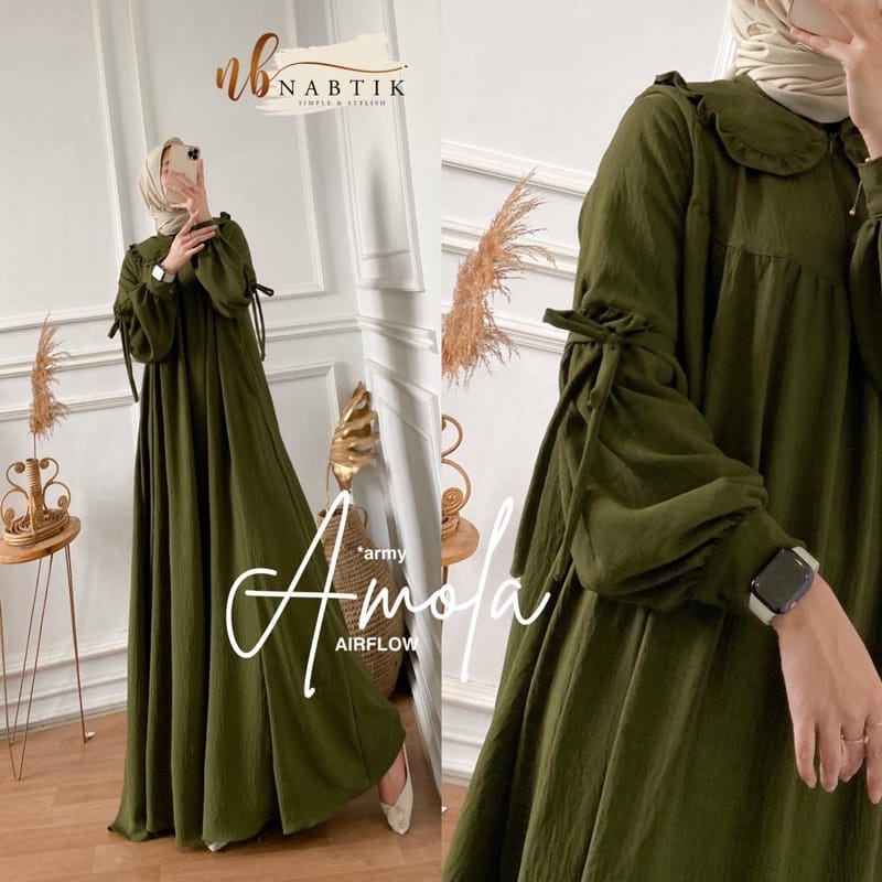 Baju Wanita Gamis Polos Crinkle AirFlow Busana Muslim Wanita Terbaru Amola Dress Kondangan Busui Friendly Ootd Kekinian