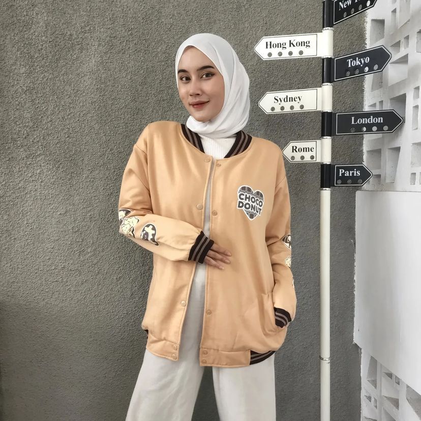 CHOCO DONUT BASEBALL SWEATER JAKET WANITA OVERSIZE BAHAN FLEECE