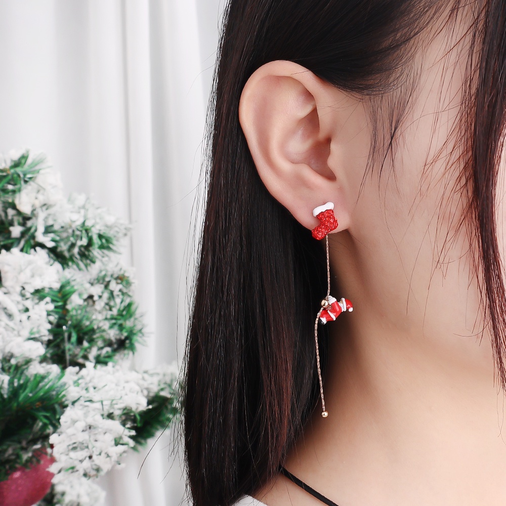 Anting Rantai Panjang Liontin Pohon Natal Santa Claus Gaya Korea Untuk Wanita