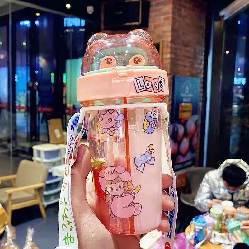 BOTOL MINUM ANAK/COUPLE 2 SISI KEPALA BERUANG 420ML BPA FREE (INCLUDE SEDOTAN DAN STIKER LUCU)