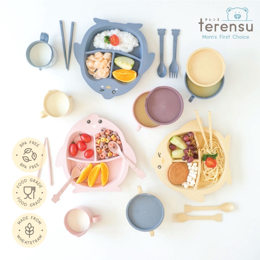 TERENSU Set Piring Makan Anak + Sendok Garpu Sumpit Motif Pinguin