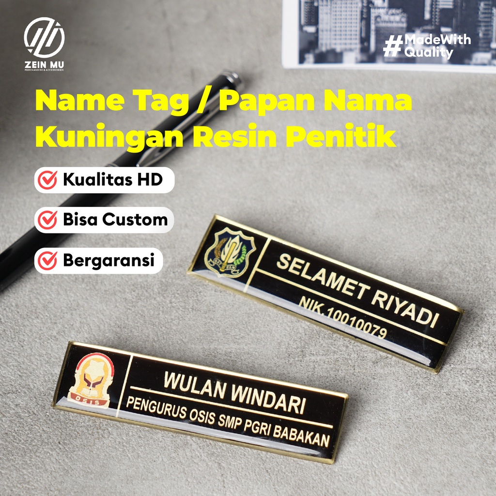 

PAPAN NAMA KUNINGAN RESIN PENITIK / NAME TAG/ AKSESORIS/ PIN
