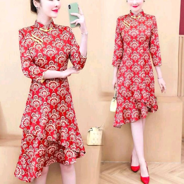 0996 Baju dress CNY CHEONGSAM SHANGHAI QIPAO merah Imlek wanita premium import baju midi dress gaun 