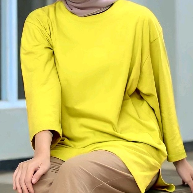 Atasan T shirt Basic oversize top kaos jumbo polos wanita hijab lengan 7/8