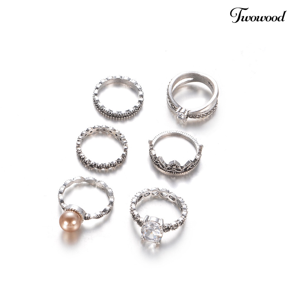 6 Pcs Cincin Knuckle Midi Bentuk Mahkota Aksen Mutiara Imitasi Bahan Zirkon Gaya Retro Untuk Wanita