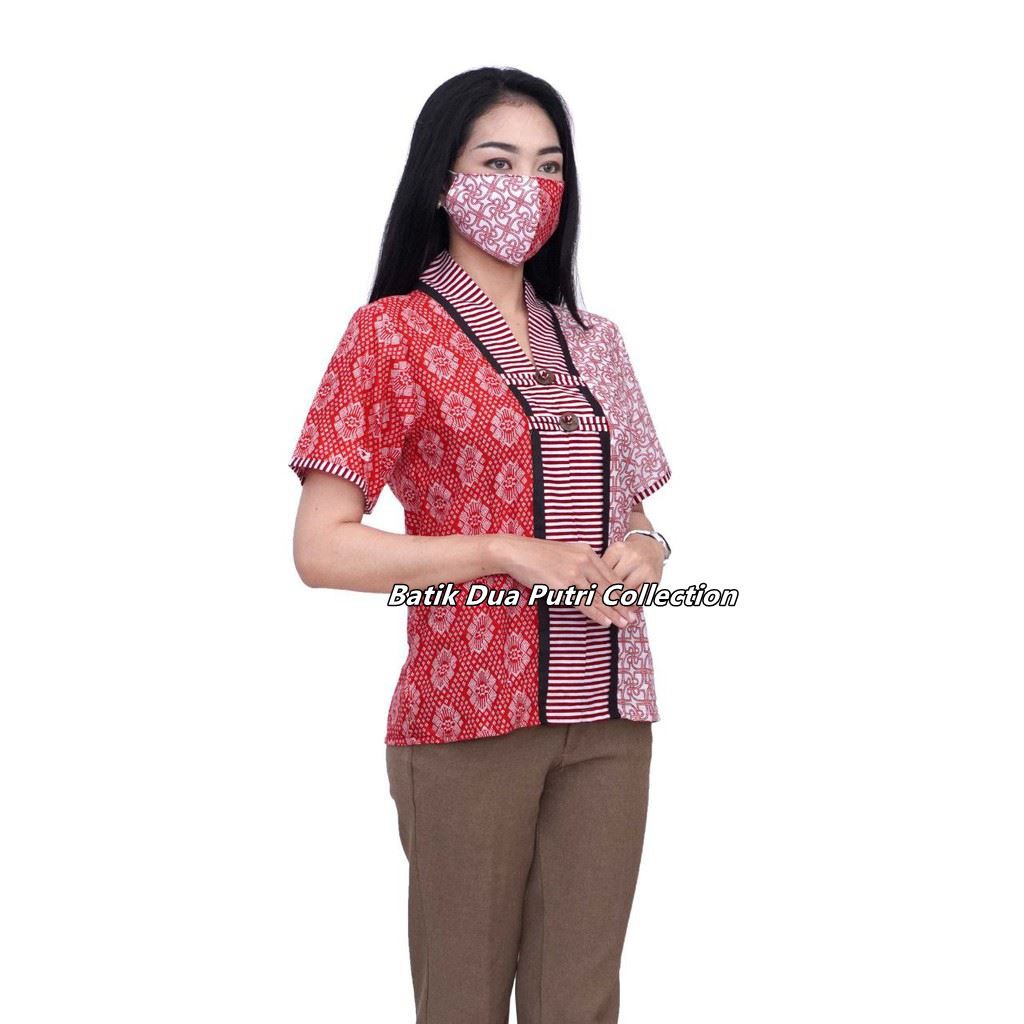 Boluse Batik WAnita - Atasan Batik - Blus Batik - Warna Merah Putih - Batik Wanita -S-M-L-XL-XXL-3L-4L-5L