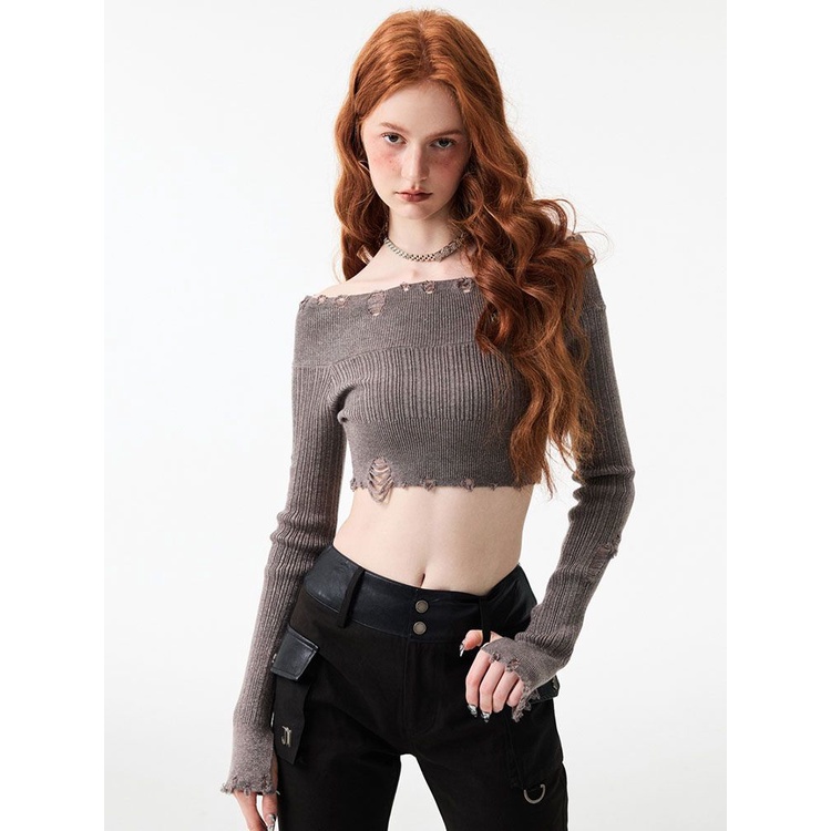 Suhao 1JINN STUDIO Ringan dan ramah kulit warna solid sweater tipis satu bahu robek rajutan atasan pendek trendi