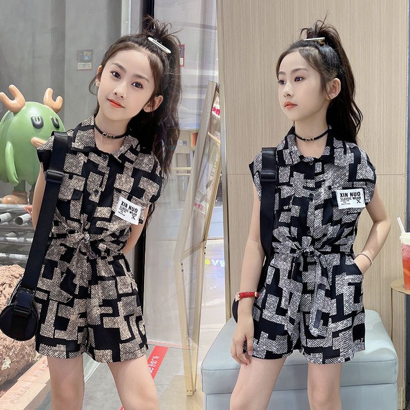 TZ4-182 setelan anak perempuan atasan kemeja + celana pendek kotak2 / baju anak 3-12th