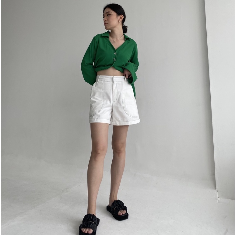 Peach Poppy KARINA Contrast Stitch Short Premium Pants - Celana Pendek Denim Look Alike