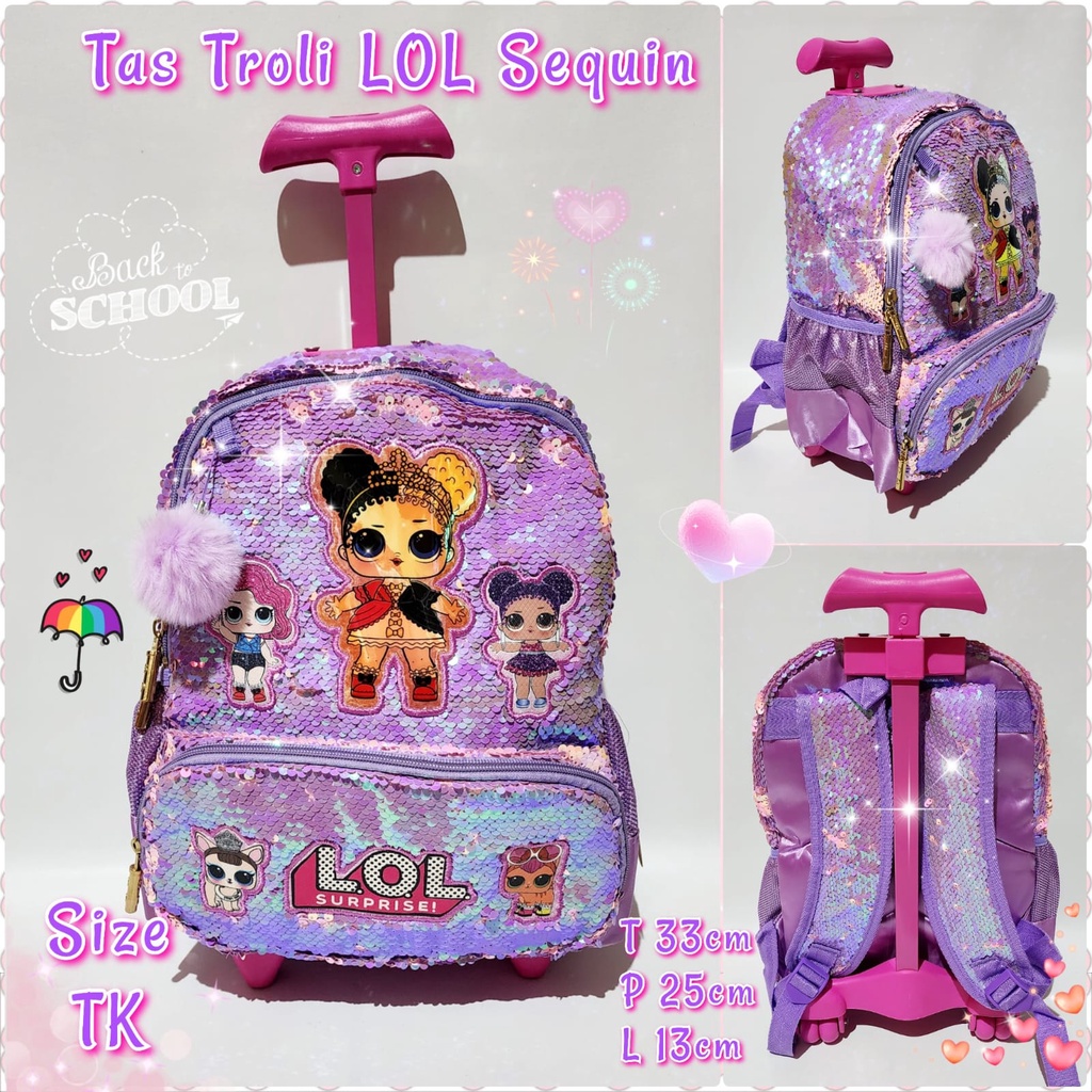 Tas Sekolah Troli Anak TK dan SD Tas Sequin Gambar Unicorn dan LOL Tas Koper Anak Import Tas Trolley Anak Perempuan