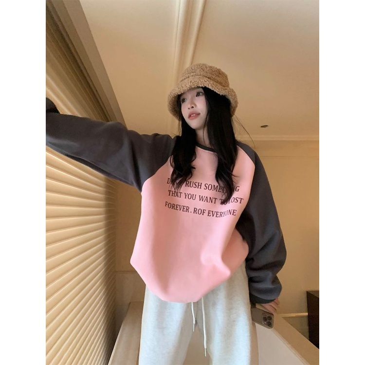 Sweater katun siswa perempuan longgar all-match musim gugur dan musim dingin versi Korea baru dari vitalitas hit warna surat dicetak baju atasan lengan panjang